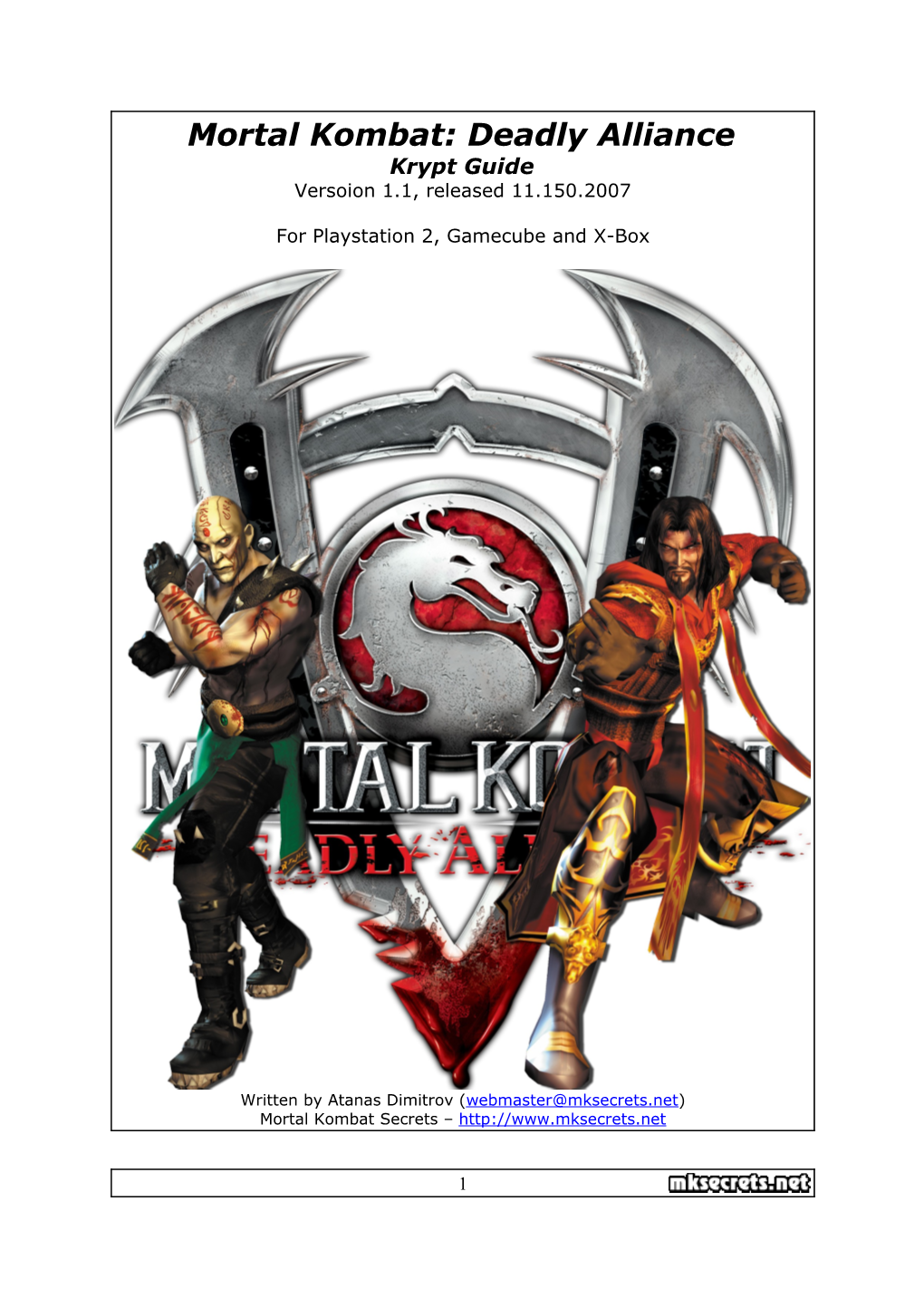 Mortal Kombat: Deadly Alliance Krypt Guide Versoion 1.1, Released 11.150.2007