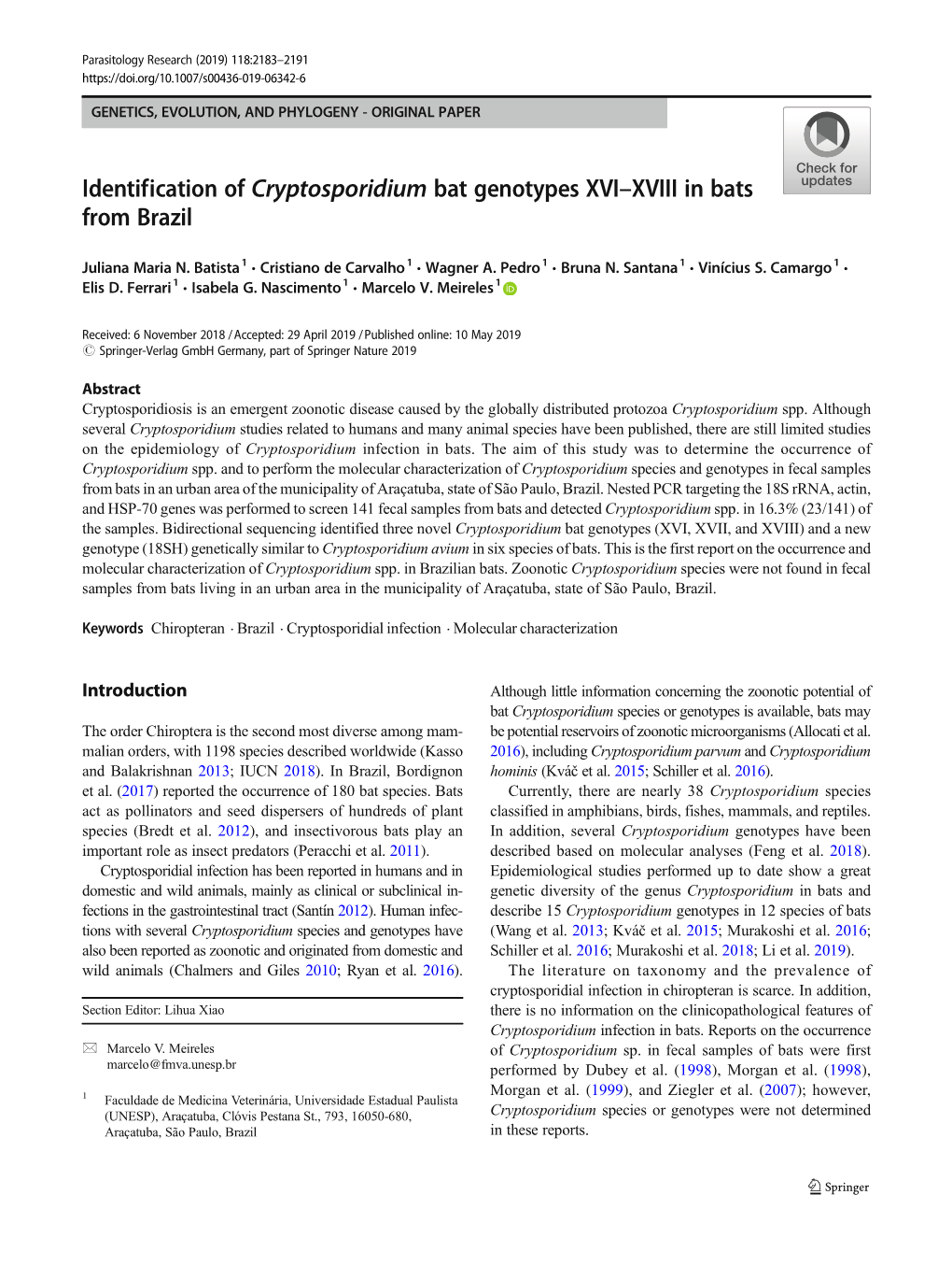 Identification of Cryptosporidium Bat Genotypes XVI–XVIII in Bats from Brazil