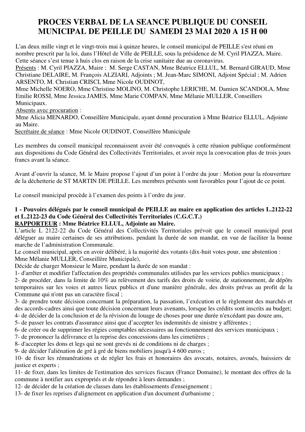 Proces Verbal De La Seance Publique Du Conseil Municipal De Peille Du Samedi 23 Mai 2020 a 15 H 00
