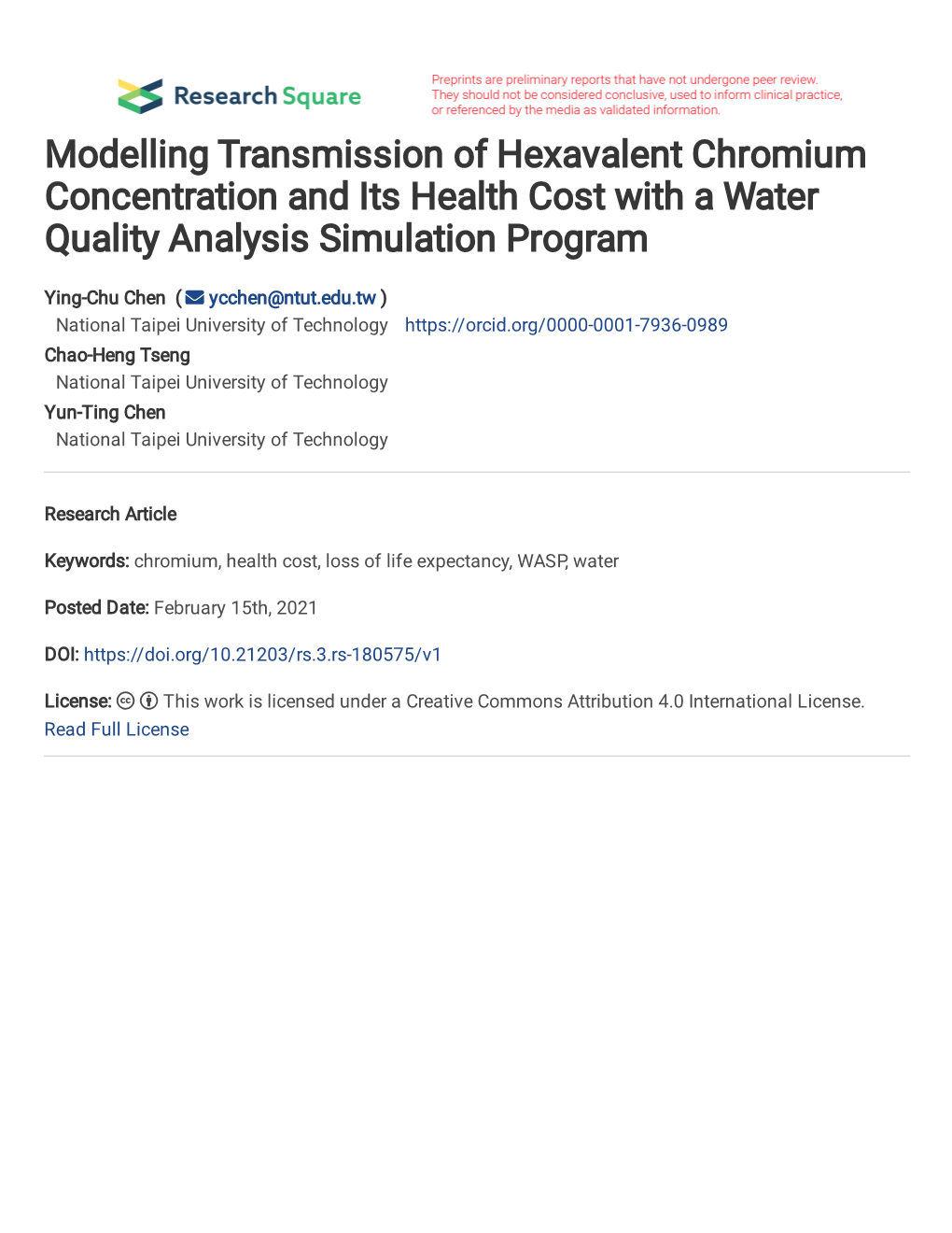Modelling Transmission of Hexavalent Chromium Concentration and Its Health Cost with a Water Quality Analysis Simulation Program