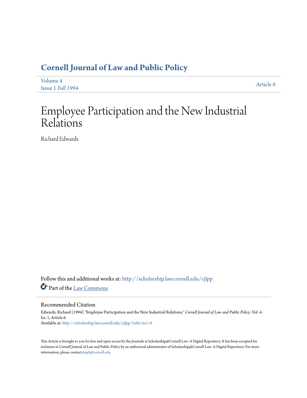 Employee Participation and the New Industrial Relations Richard Edwards