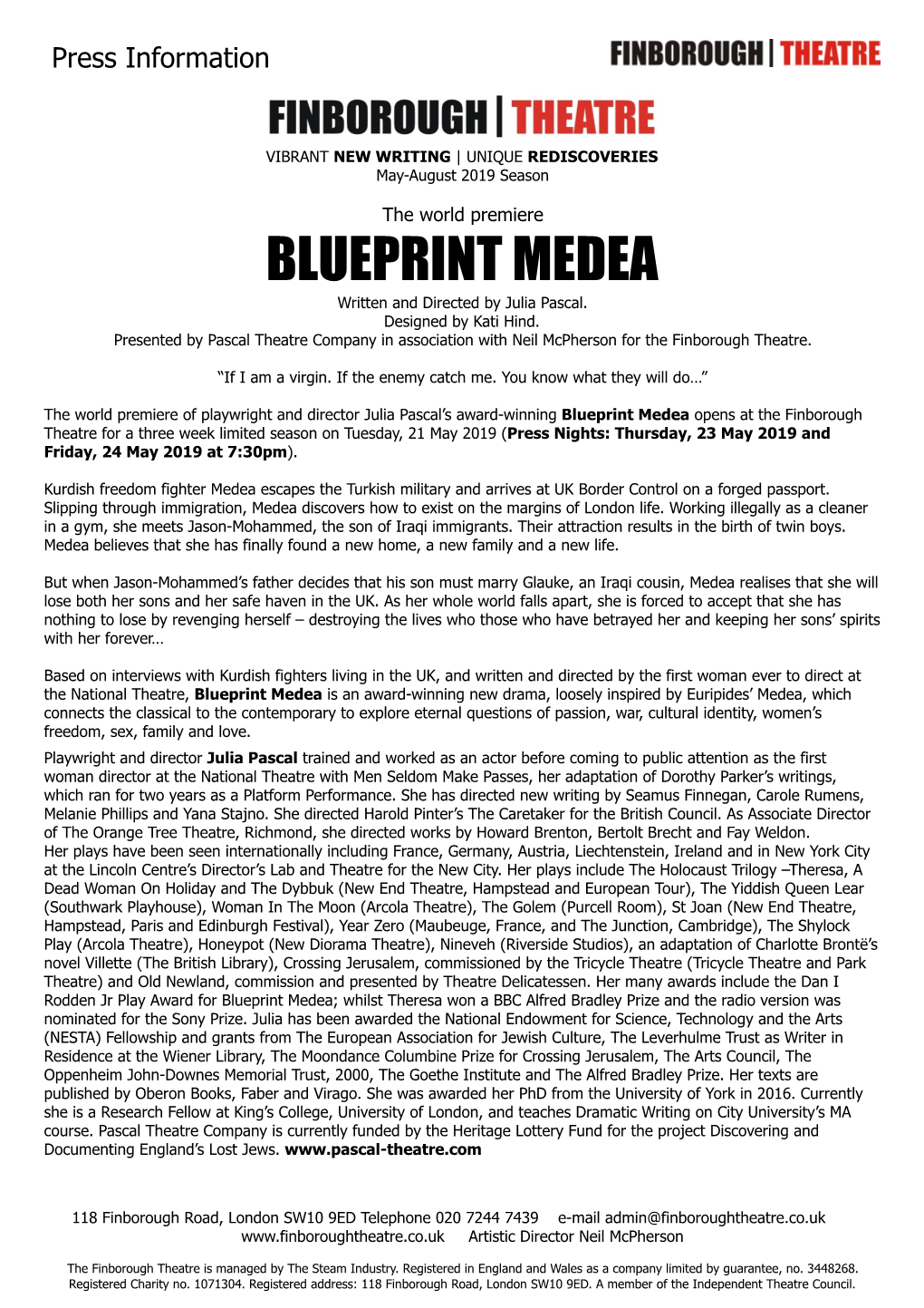 BLUEPRINT MEDEA Written and Directed by Julia Pascal