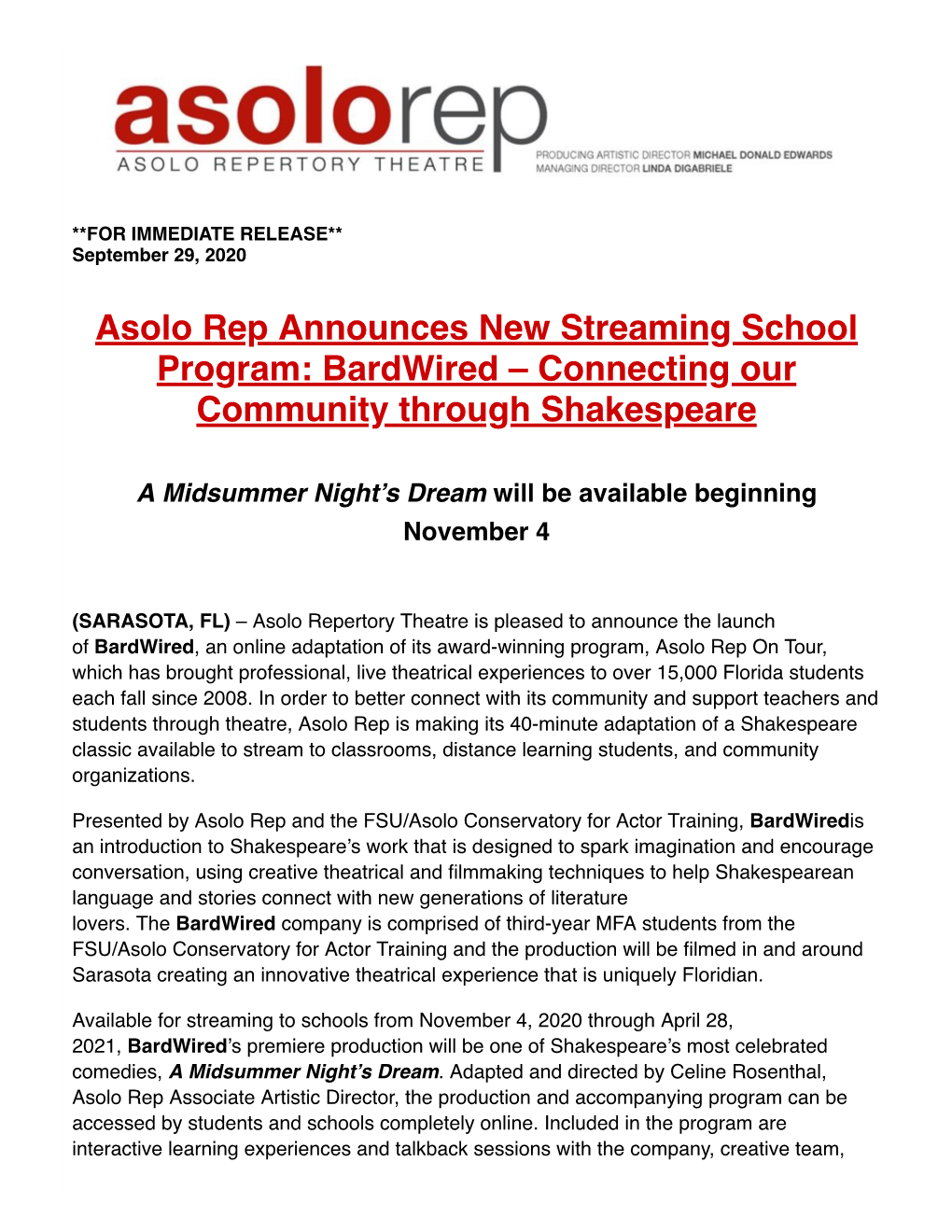 Asolo Rep Announces New Streaming School Program: Bardwired – Connecting Our Community Through Shakespeare