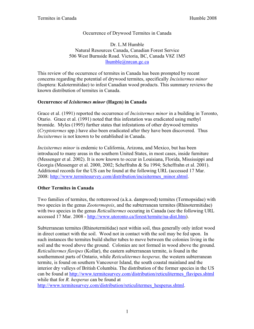Termites in Canada Humble 2008 1 Occurrence of Drywood
