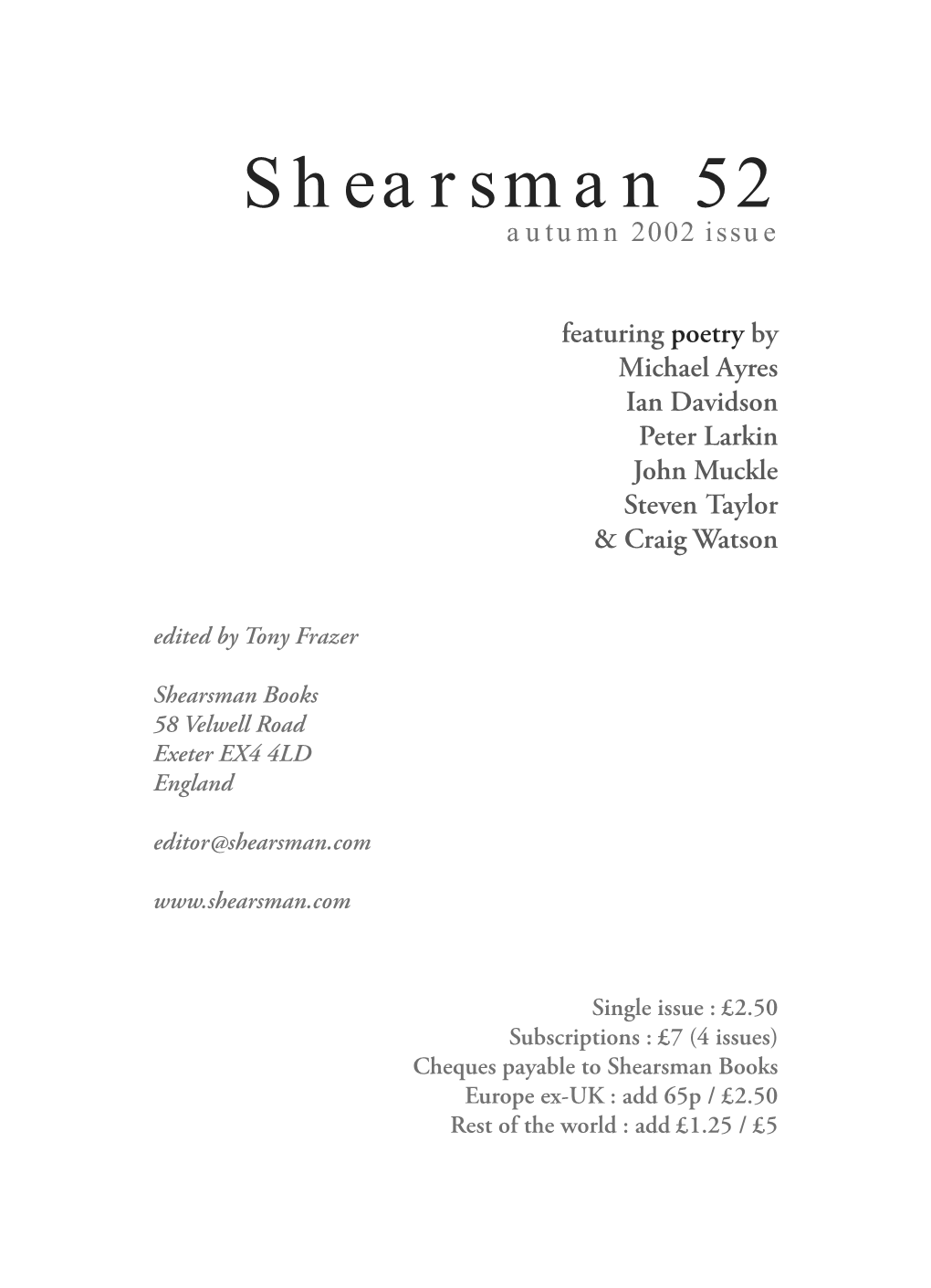 Shearsman 52 Autumn 2002 Issue
