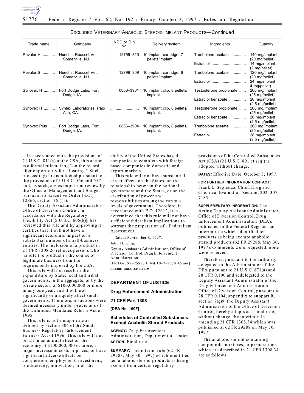 Federal Register / Vol. 62, No. 192 / Friday, October 3, 1997 / Rules and Regulations