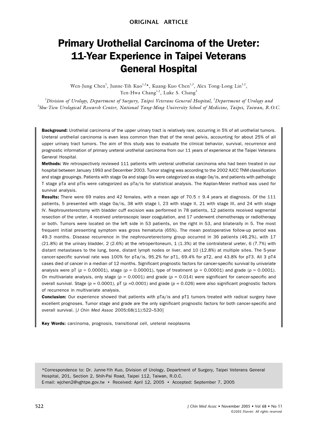 Primary Urothelial Carcinoma of the Ureter: 11-Year Experience in Taipei Veterans General Hospital