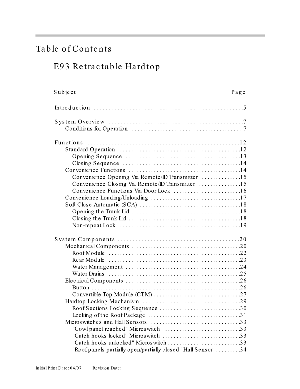 Table of Contents E93 Retractable Hardtop