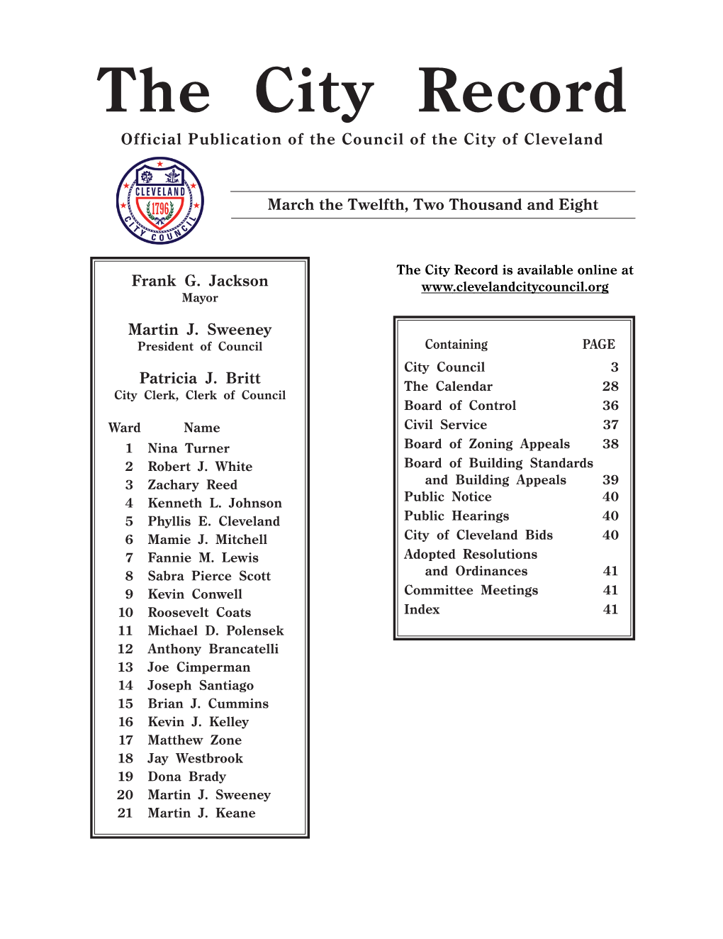 The City Record Official Publication of the Council of the City of Cleveland