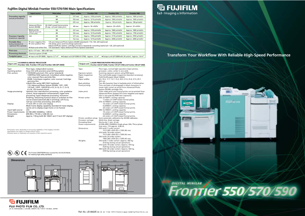 Fujifilm Digital Minilab Frontier 550/570/590 Main Specifications