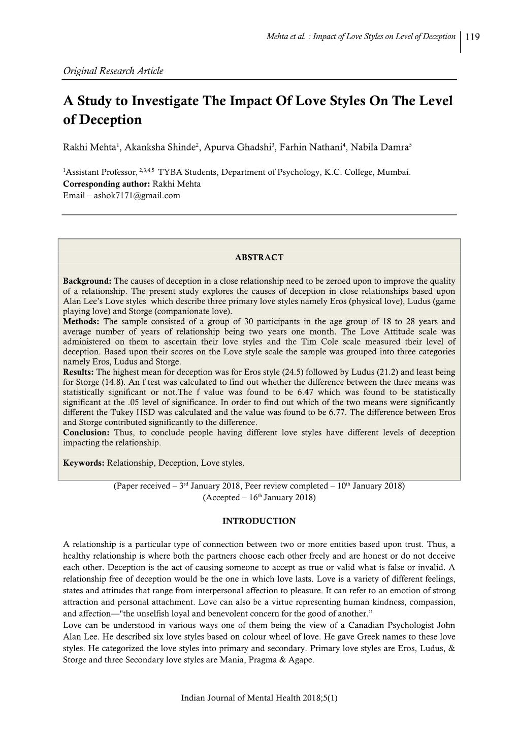 A Study to Investigate the Impact of Love Styles on the Level of Deception