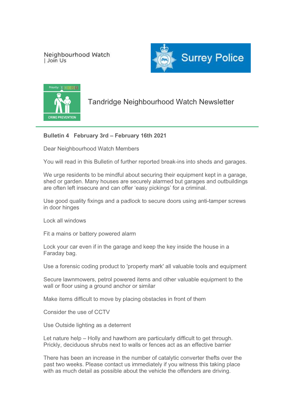 Tandridge Neighbourhood Watch Newsletter