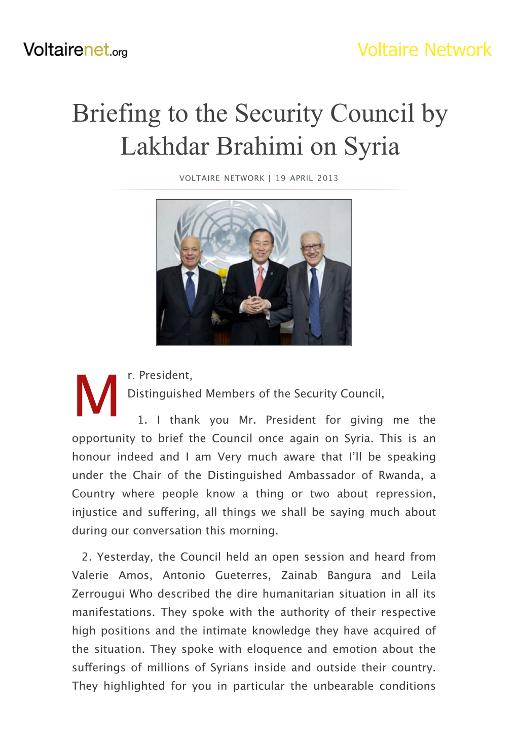 Briefing to the Security Council by Lakhdar Brahimi on Syria