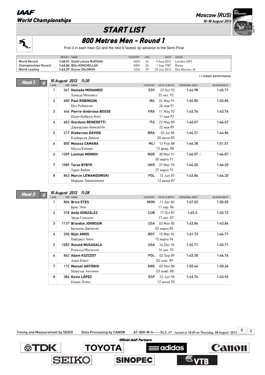 START LIST 800 Metres Men - Round 1 First 3 in Each Heat (Q) and the Next 6 Fastest (Q) Advance to the Semi-Final