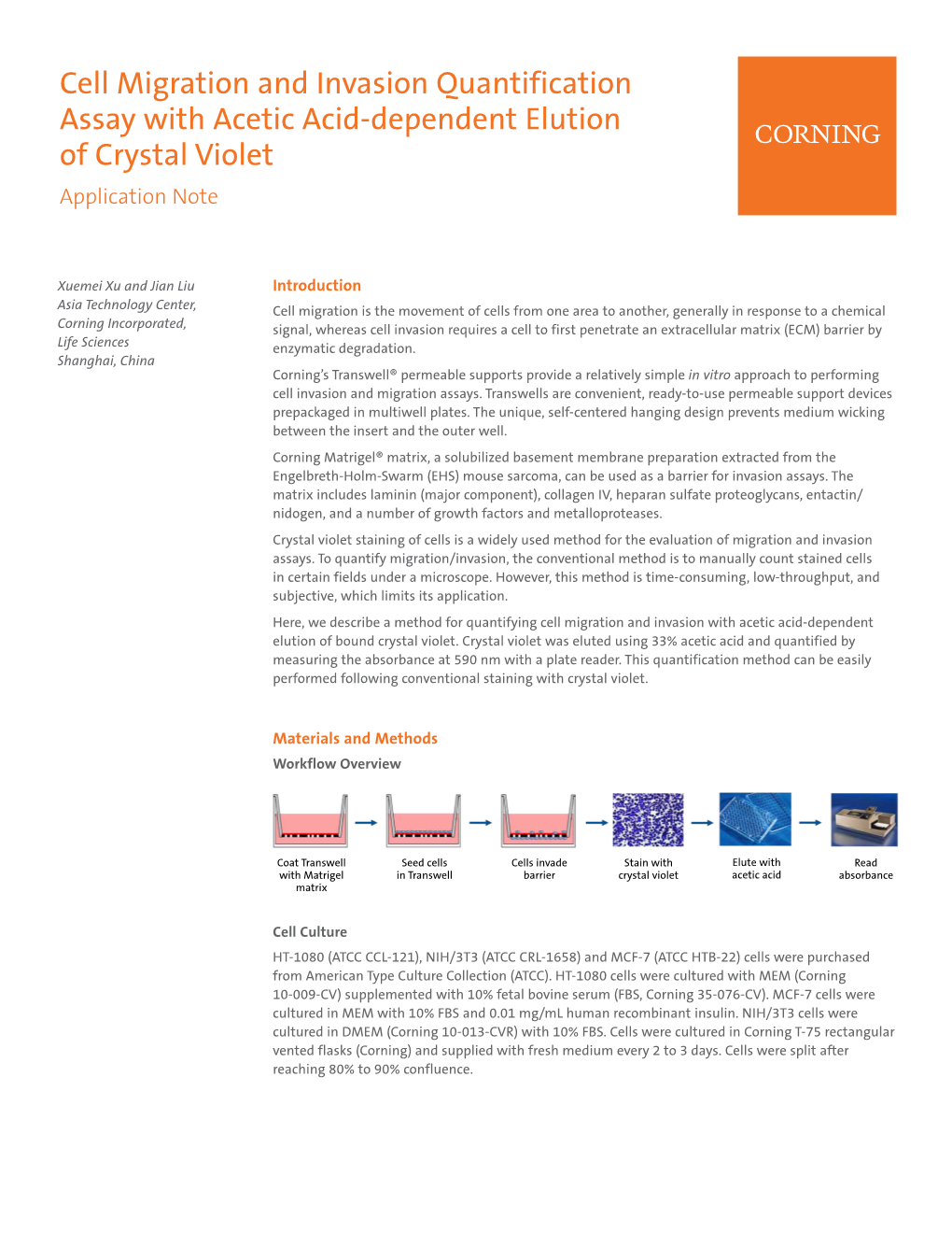 Cell Migration and Invasion Quantification Assay with Acetic Acid-Dependent Elution of Crystal Violet Application Note