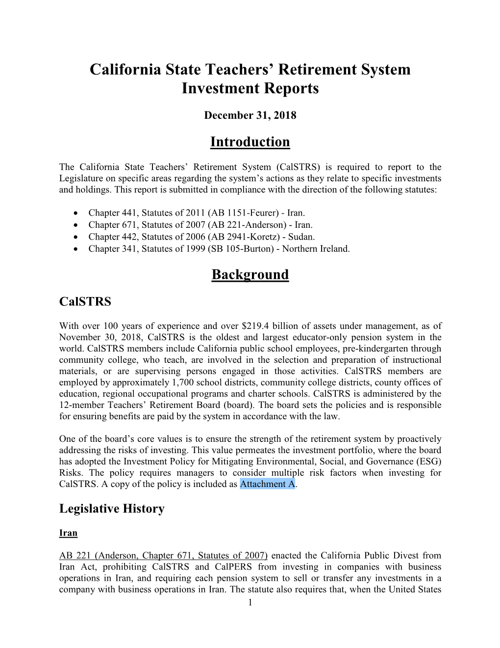 California State Teachers' Retirement System Investment Reports