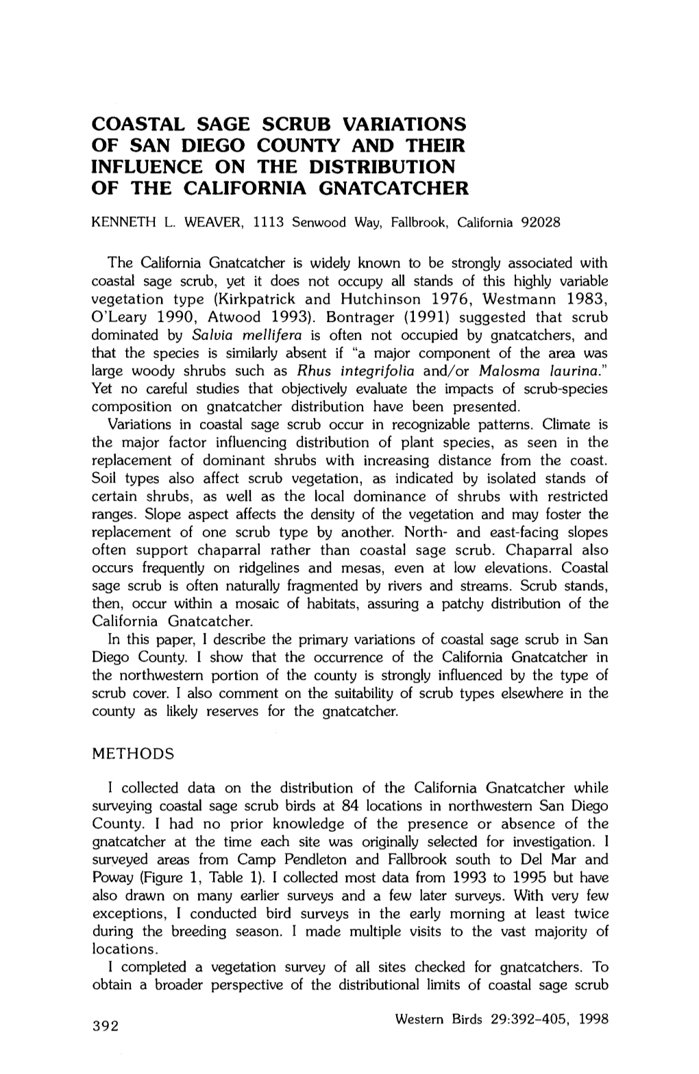 Coastal Sage Scrub Variations of San Diego County and Their Influence on the Distribution of the California Gnatcatcher