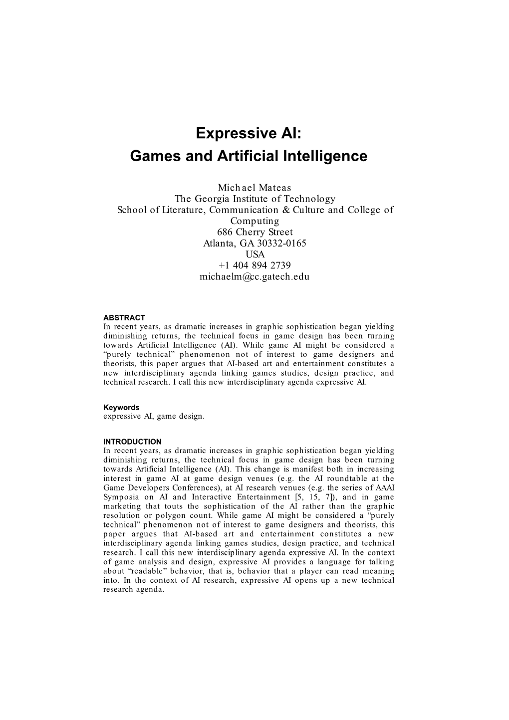 Expressive AI: Games and Artificial Intelligence