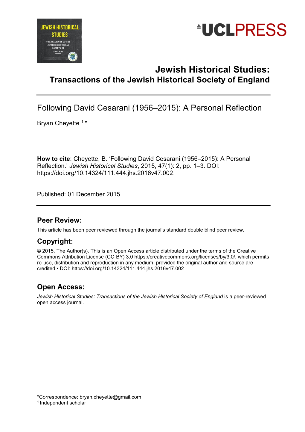 Transactions of the Jewish Historical Society of England Following David Cesarani