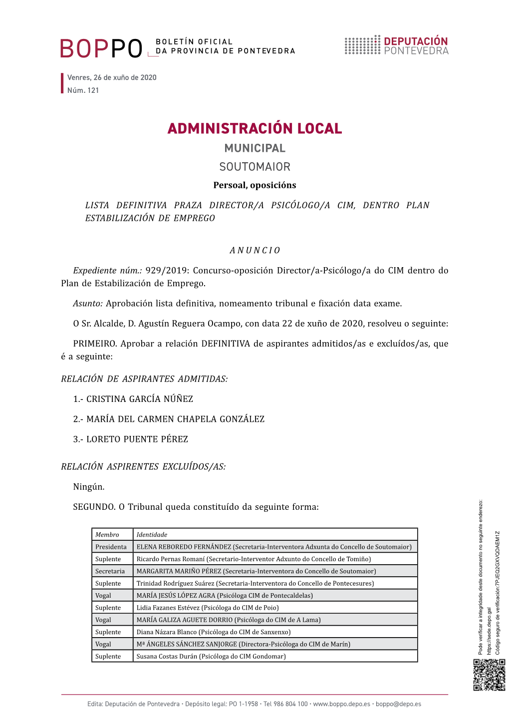 ADMINISTRACIÓN LOCAL MUNICIPAL SOUTOMAIOR Persoal, Oposicións