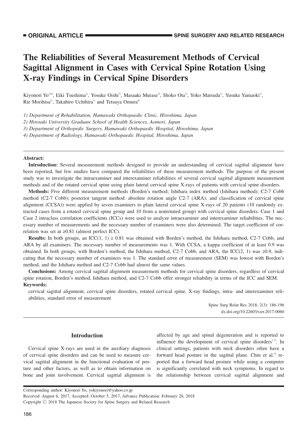 The Reliabilities of Several Measurement Methods of Cervical Sagittal Alignment in Cases with Cervical Spine Rotation Using X-Ray Findings in Cervical Spine Disorders
