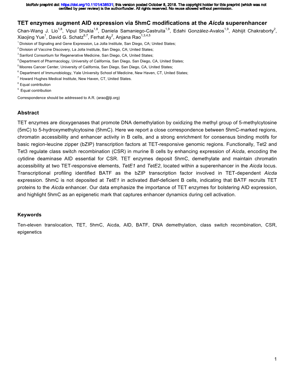 TET Enzymes Augment AID Expression Via 5Hmc Modifications at the Aicda Superenhancer Chan-Wang J