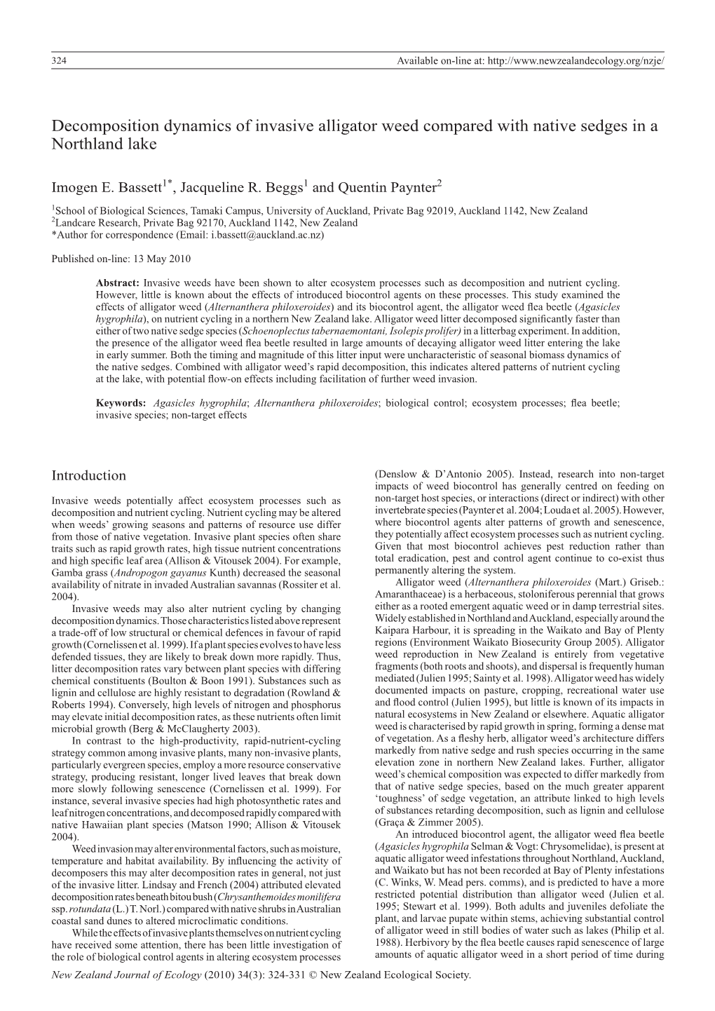 Decomposition Dynamics of Invasive Alligator Weed Compared with Native Sedges in a Northland Lake