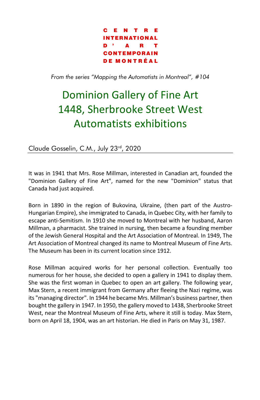 Dominion Gallery of Fine Art 1448, Sherbrooke Street West Automatists