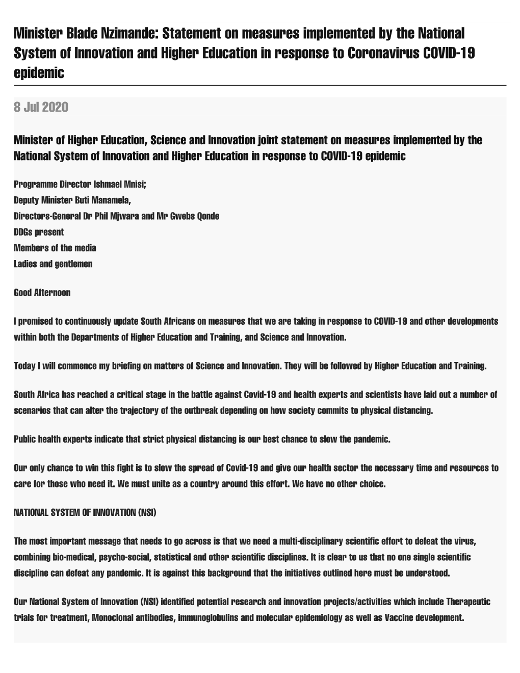 Minister Blade Nzimande: Statement on Measures Implemented by the National System of Innovation and Higher Education in Response to Coronavirus COVID-19 Epidemic