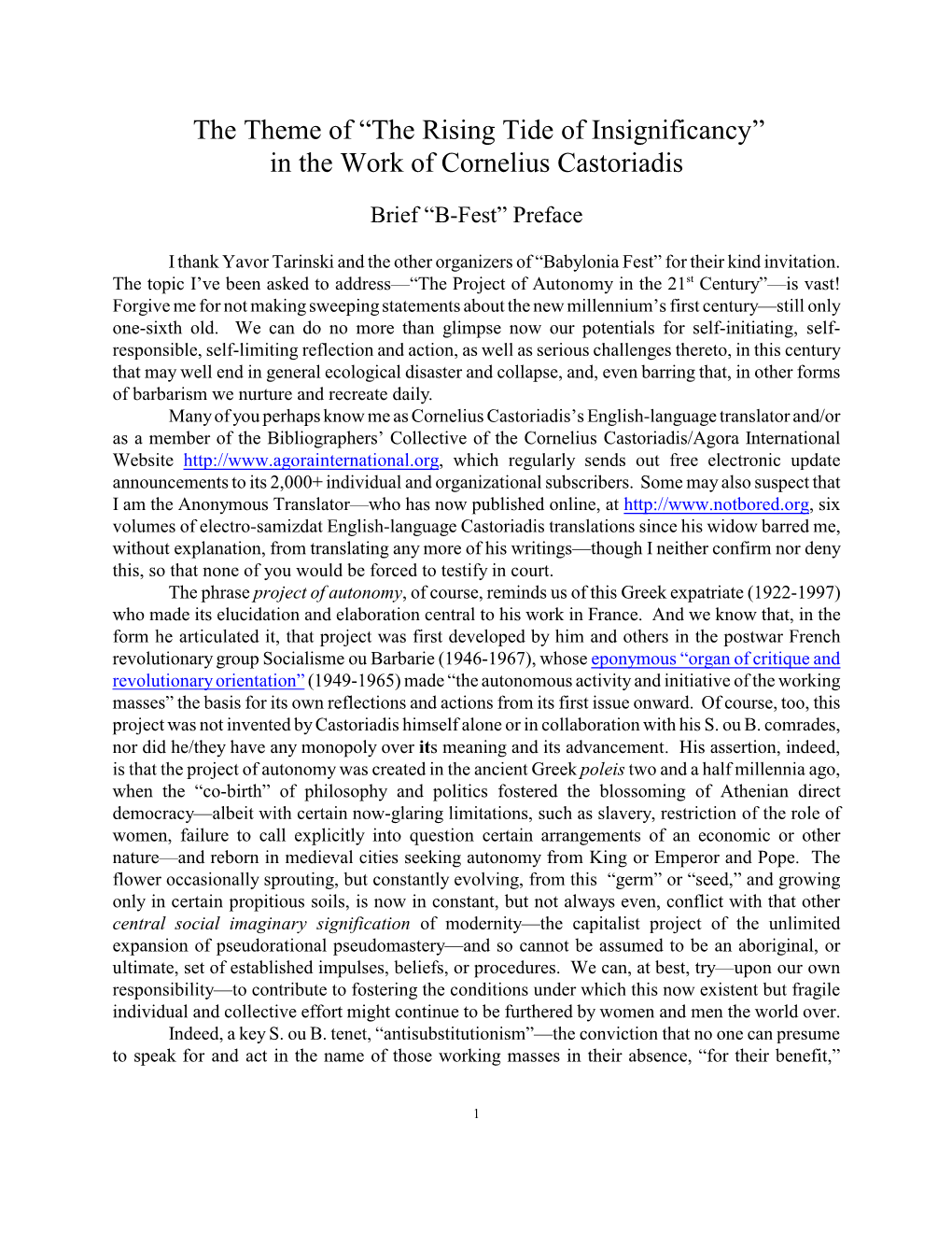 “The Rising Tide of Insignificancy” in the Work of Cornelius Castoriadis