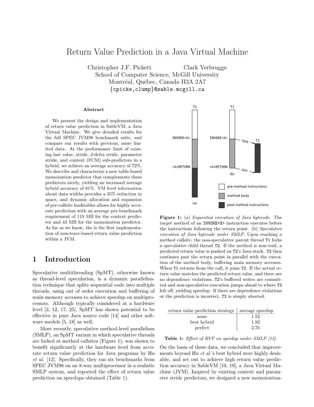 Return Value Prediction in a Java Virtual Machine