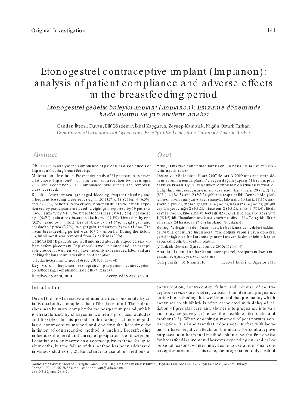 Etonogestrel Contraceptive Implant (Implanon): Analysis of Patient Compliance and Adverse Effects in the Breastfeeding Period