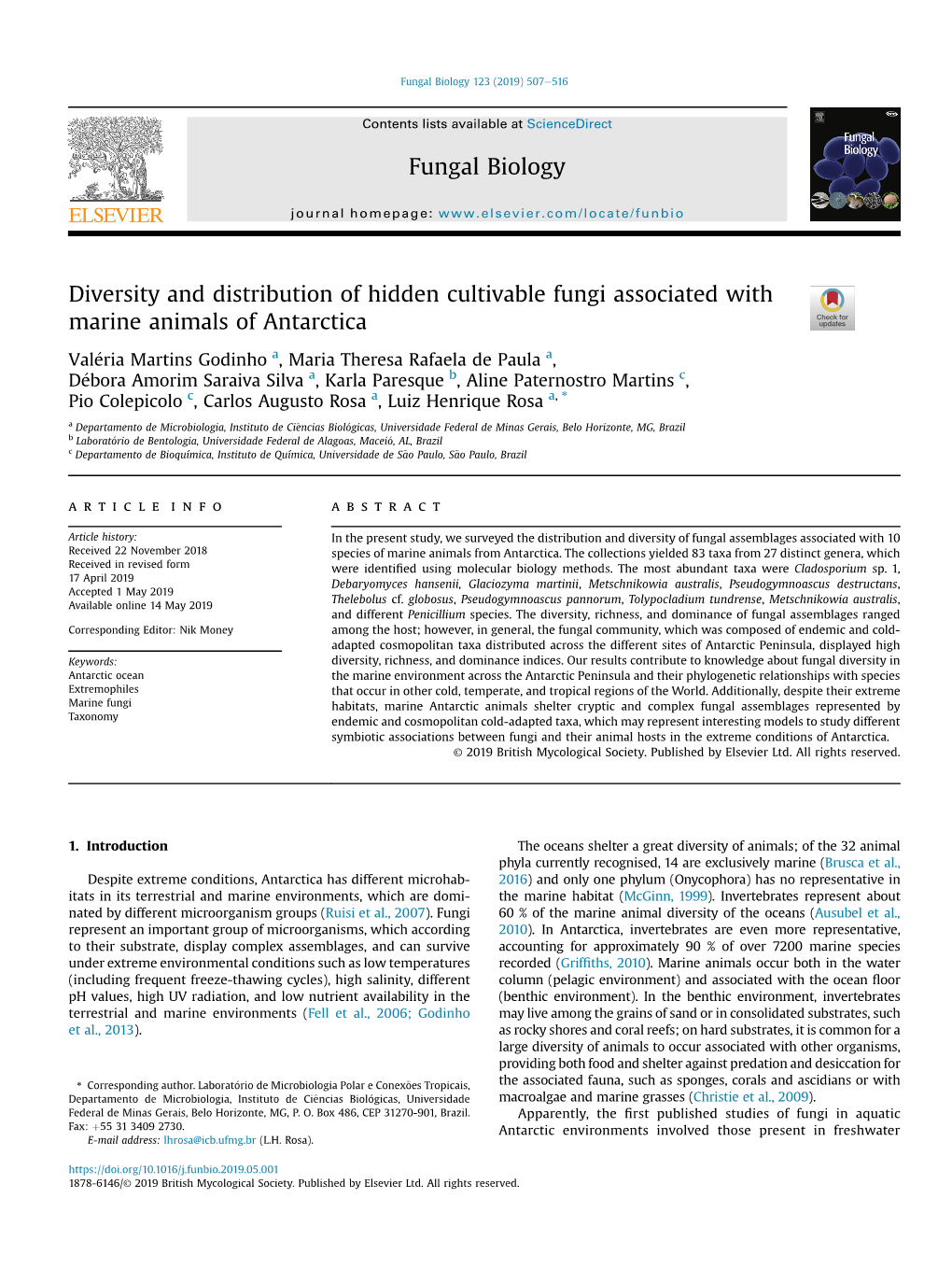 Diversity and Distribution of Hidden Cultivable Fungi Associated with Marine Animals of Antarctica Fungal Biology