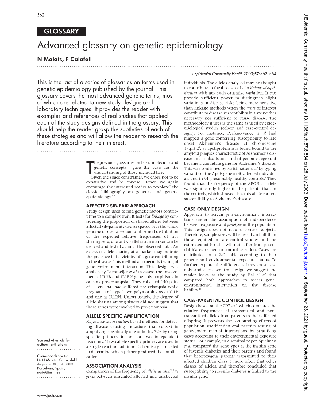 Advanced Glossary on Genetic Epidemiology N Malats, F Calafell