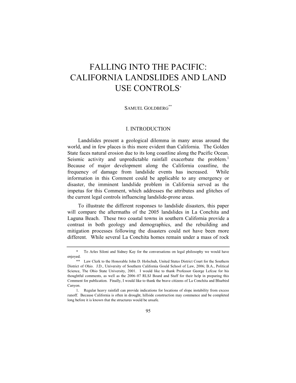 California Landslides and Land Use Controls*