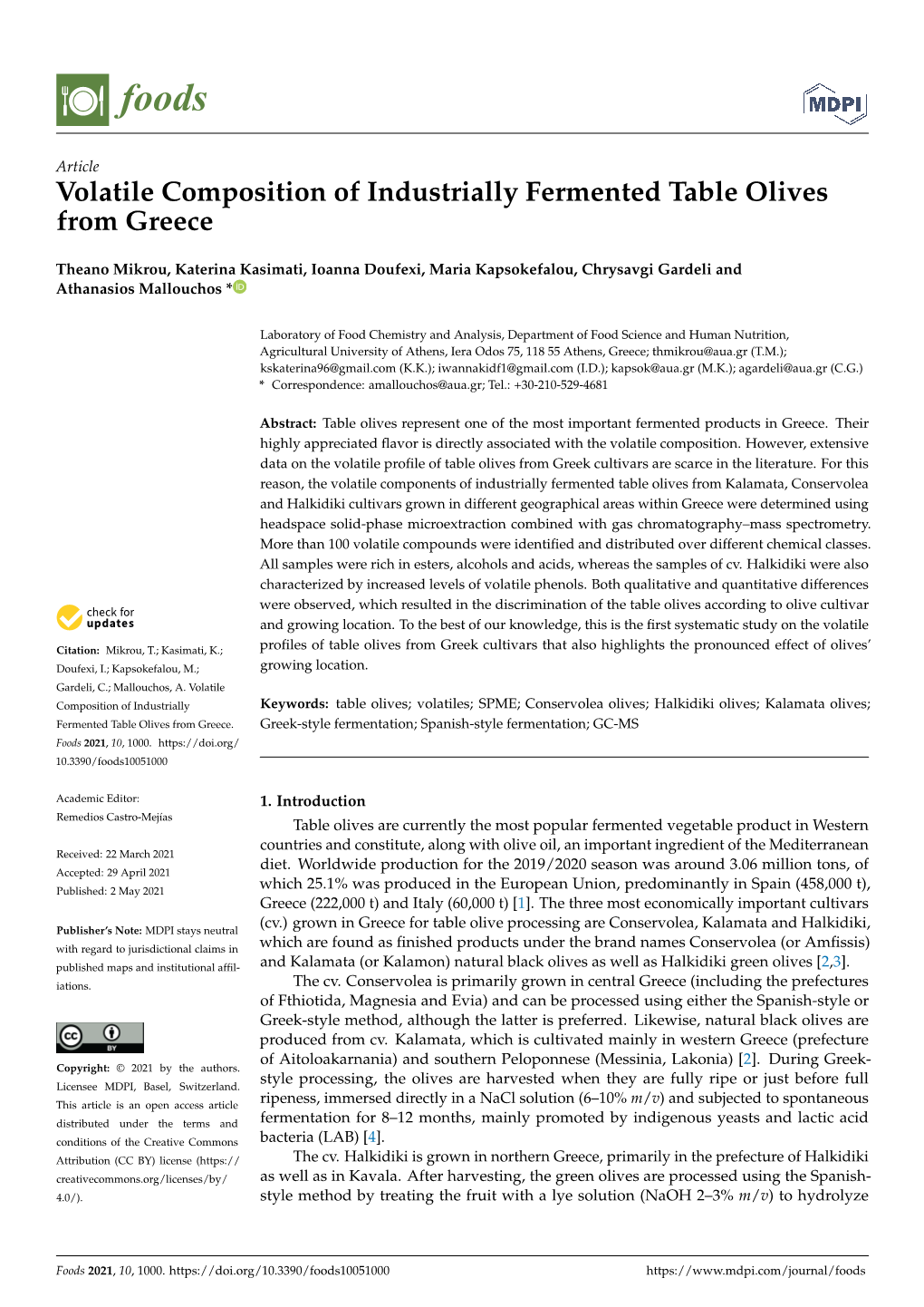 Volatile Composition of Industrially Fermented Table Olives from Greece