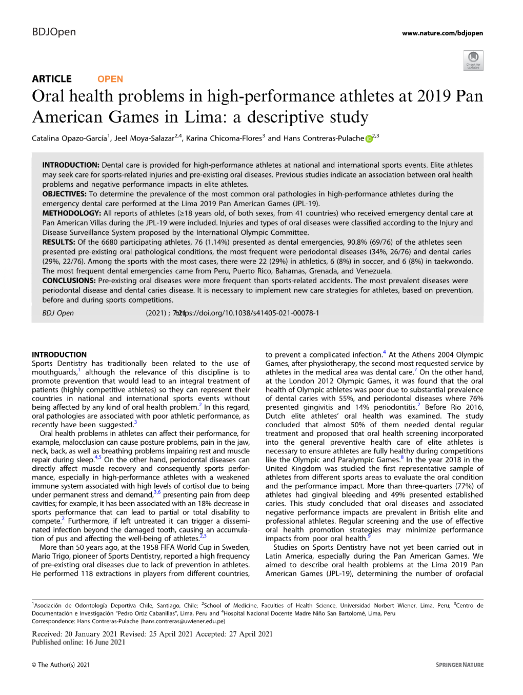 Oral Health Problems in High-Performance Athletes at 2019 Pan American Games in Lima: a Descriptive Study