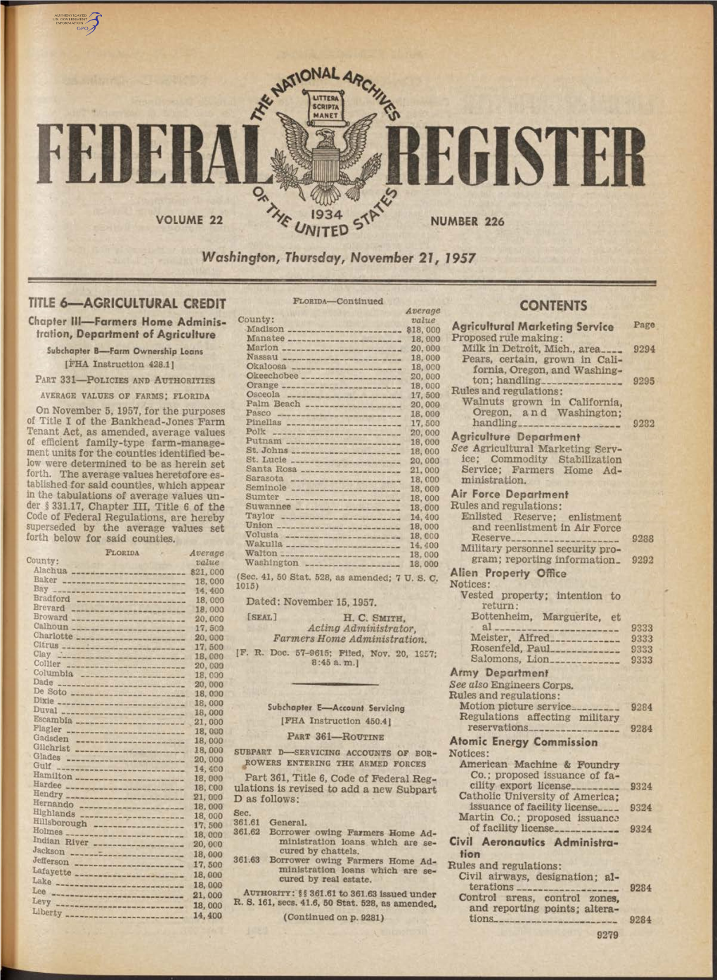 Washington, Thursday, November 21, 1957 TITLE 6— AGRICULTURAL CREDIT CONTENTS