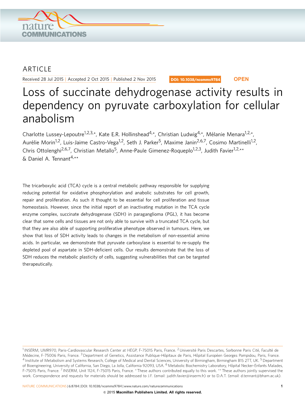 Loss of Succinate Dehydrogenase Activity Results in Dependency on Pyruvate Carboxylation for Cellular Anabolism