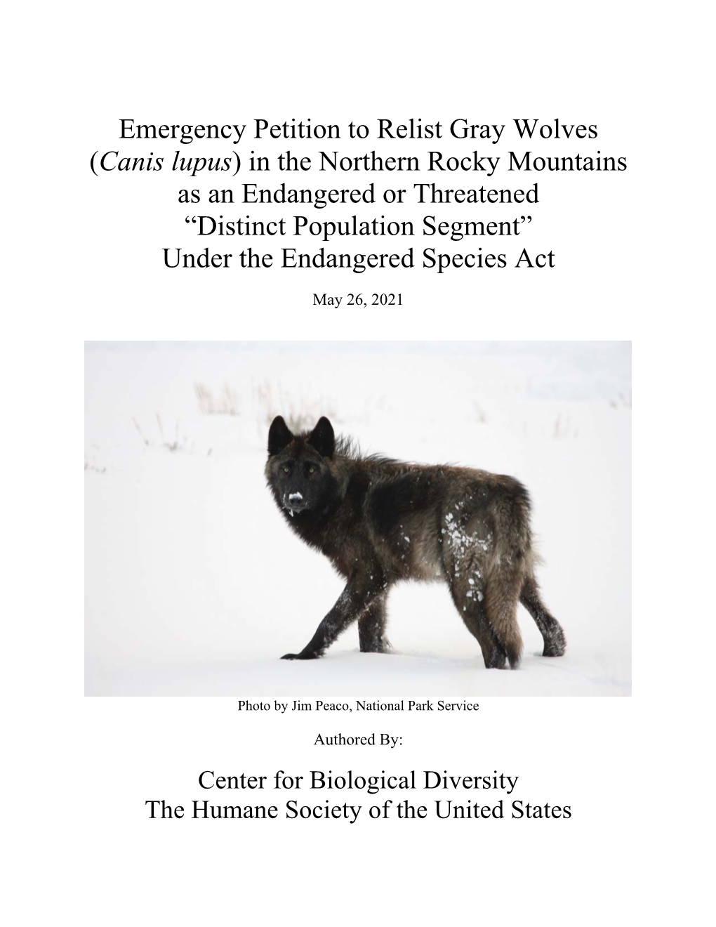 Emergency Petition to Relist Gray Wolves