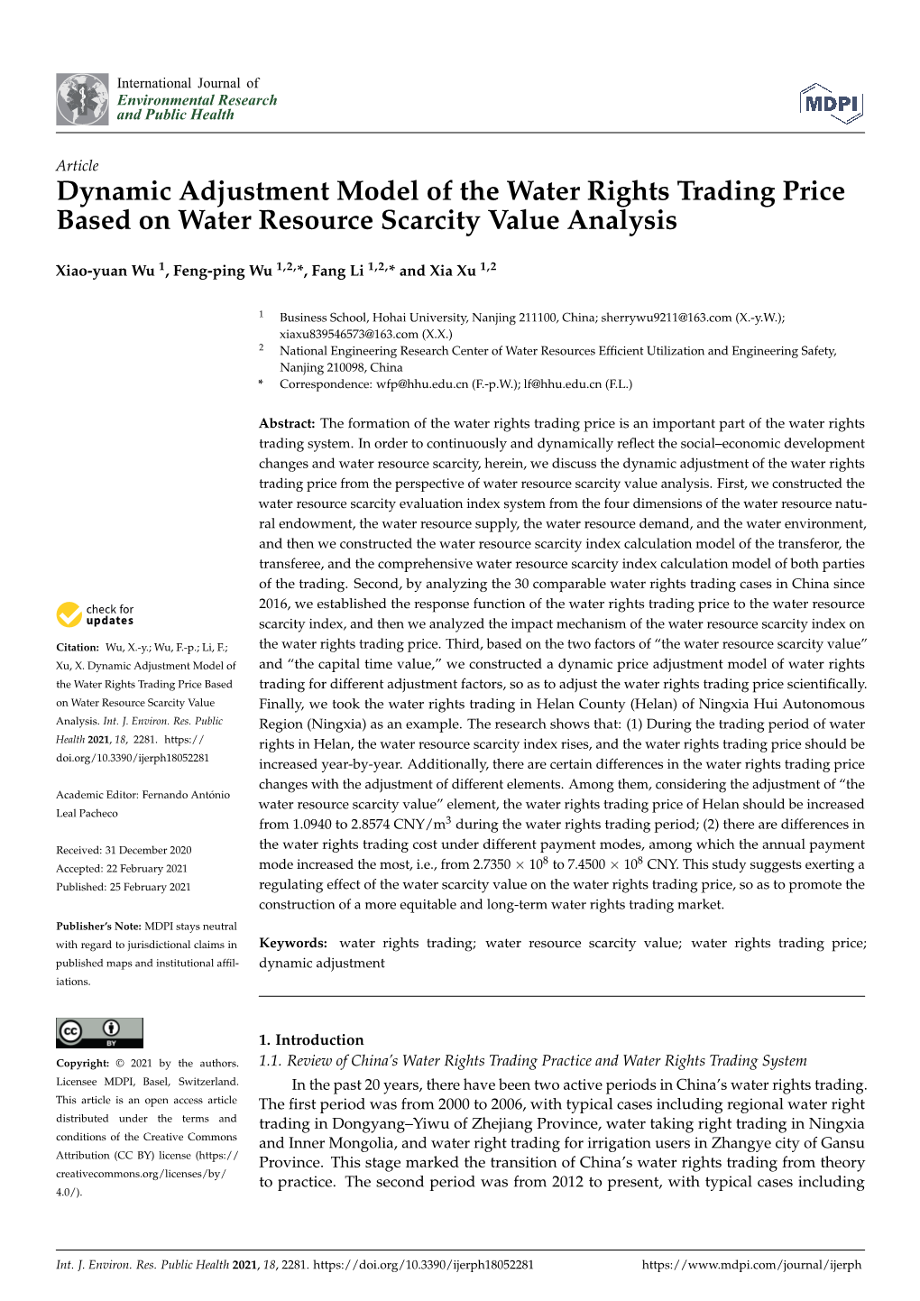 Dynamic Adjustment Model of the Water Rights Trading Price Based on Water Resource Scarcity Value Analysis