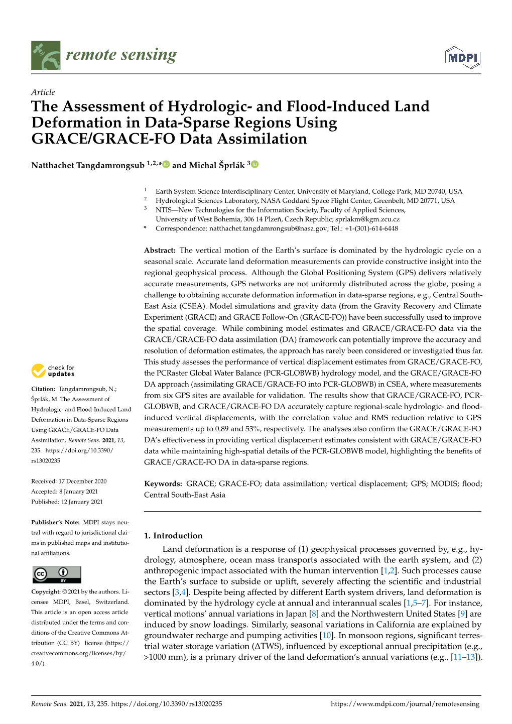 The Assessment of Hydrologic- and Flood-Induced Land Deformation in Data-Sparse Regions Using GRACE/GRACE-FO Data Assimilation