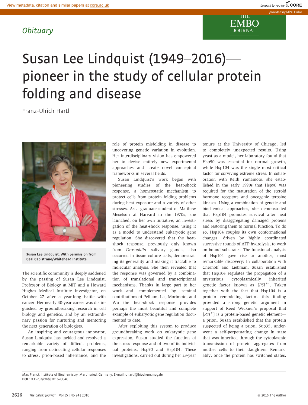 Susan Lee Lindquist (1949–2016)— Pioneer in the Study of Cellular Protein Folding and Disease