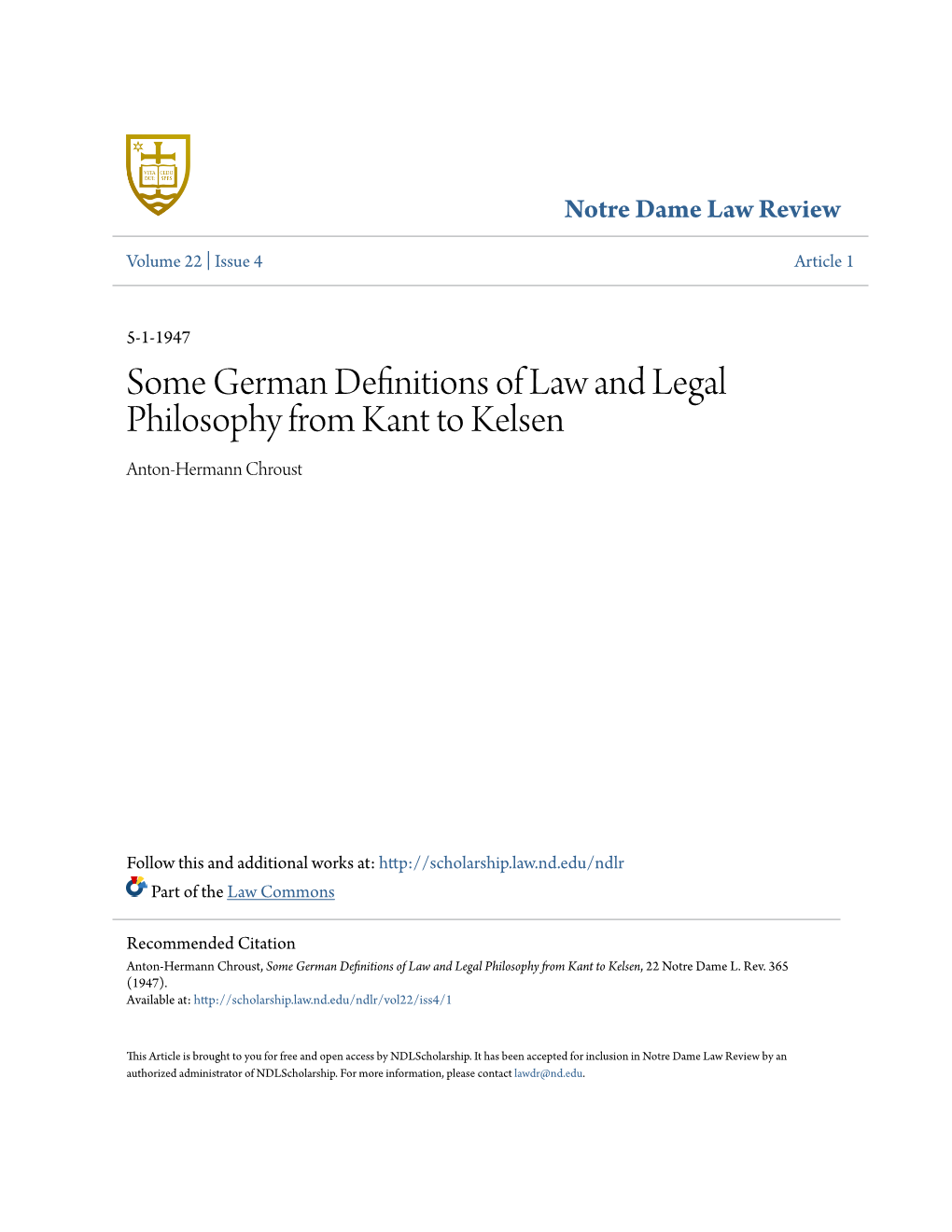 Some German Definitions of Law and Legal Philosophy from Kant to Kelsen Anton-Hermann Chroust