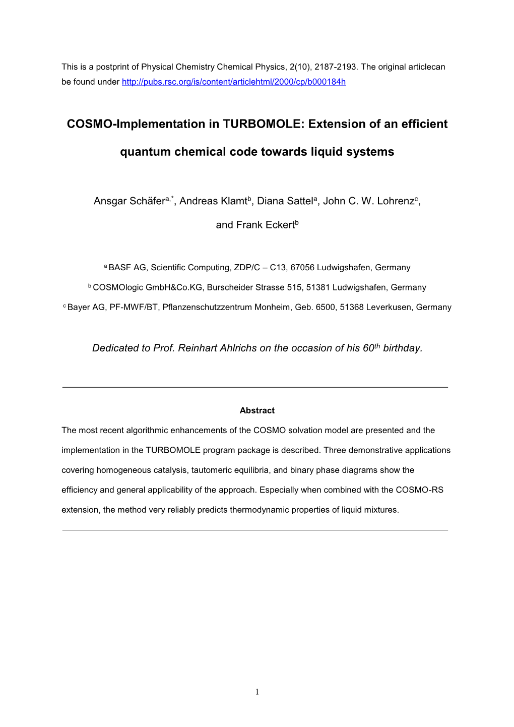 COSMO-Implementation in TURBOMOLE: Extension of an Efficient