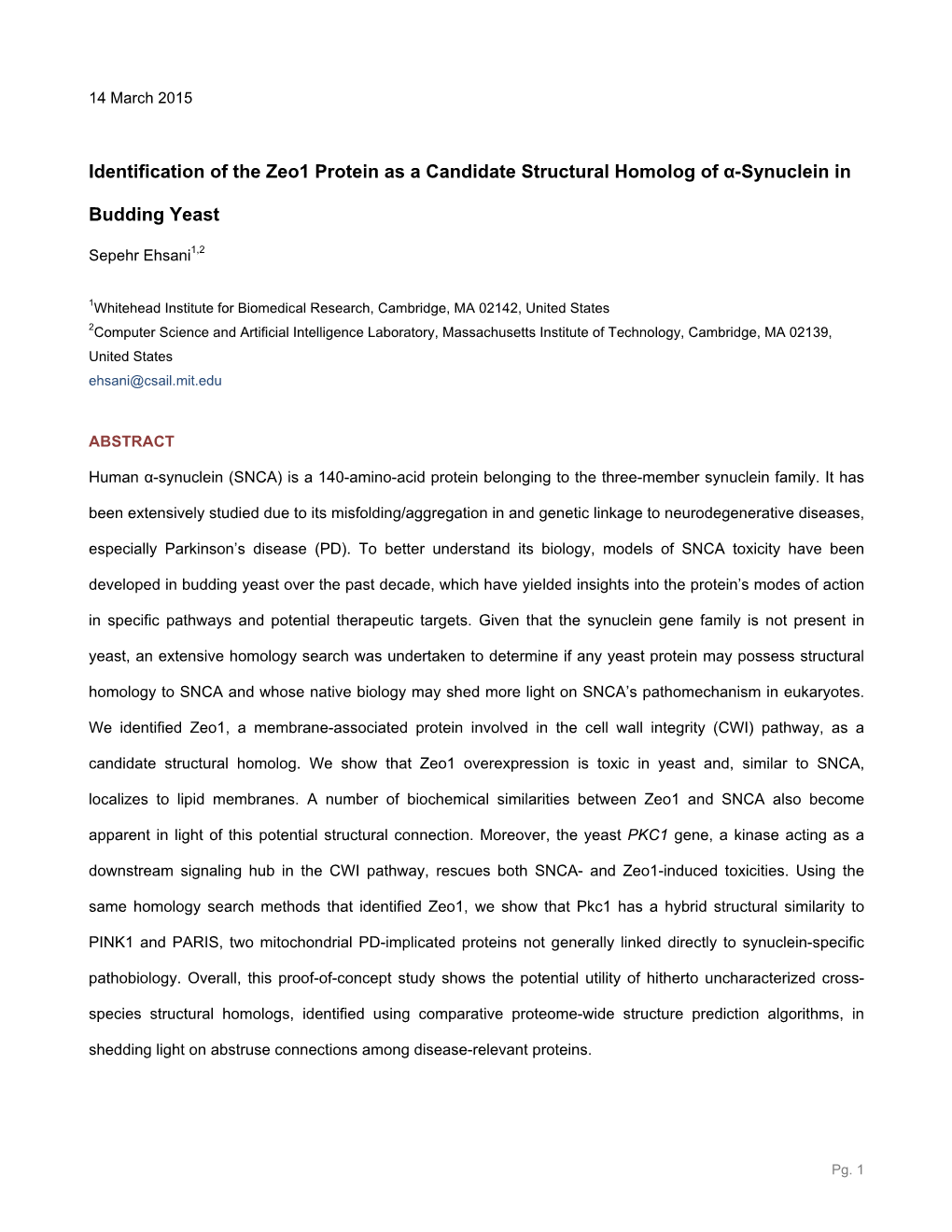 Identification of the Zeo1 Protein As a Candidate Structural Homolog of Α-Synuclein In