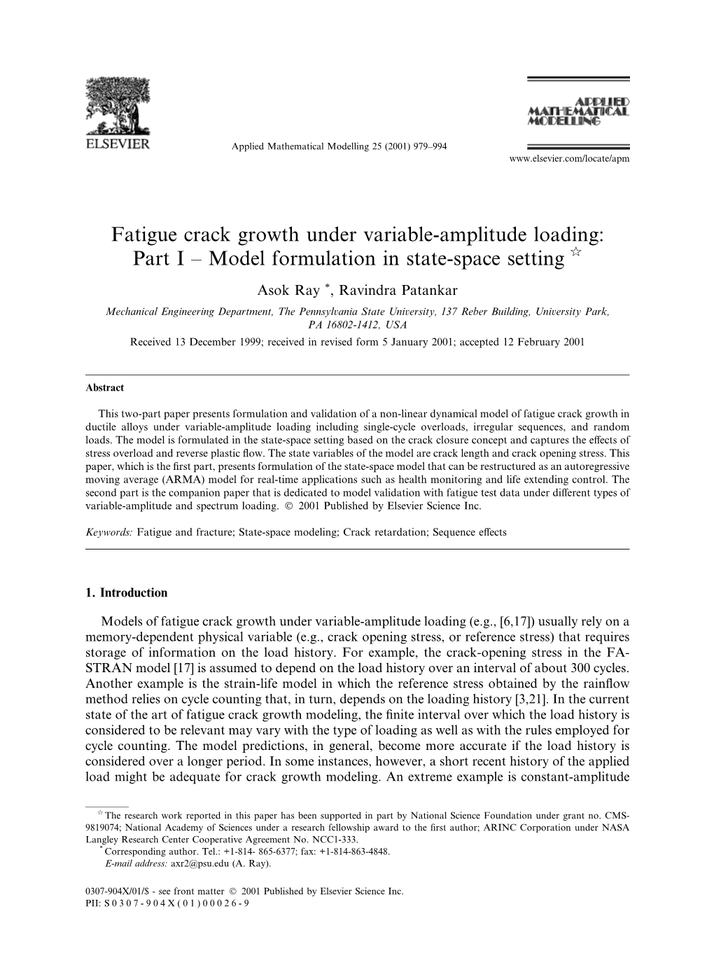 Fatigue Crack Growth Under Variable-Amplitude Loading: Part I ± Model Formulation in State-Space Setting Q