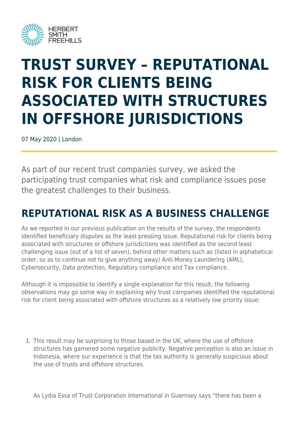 Reputational Risk for Clients Being Associated with Structures in Offshore Jurisdictions