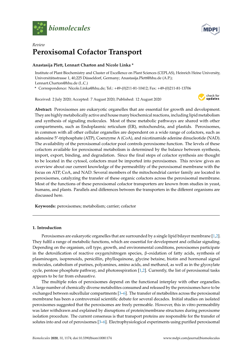 Peroxisomal Cofactor Transport