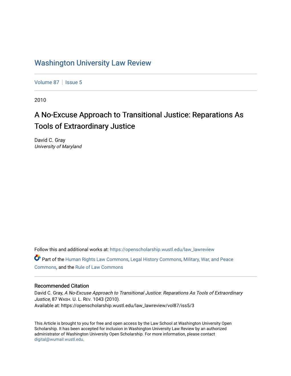 A No-Excuse Approach to Transitional Justice: Reparations As Tools of Extraordinary Justice